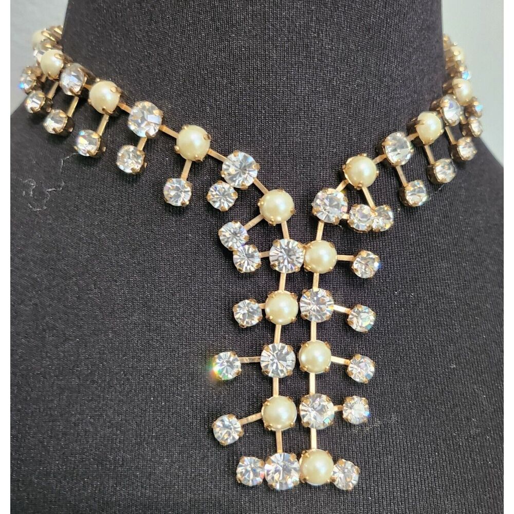 Pearl & Rhinestone‎ Choker Necklace Gold-Tone Adjustable Chain
